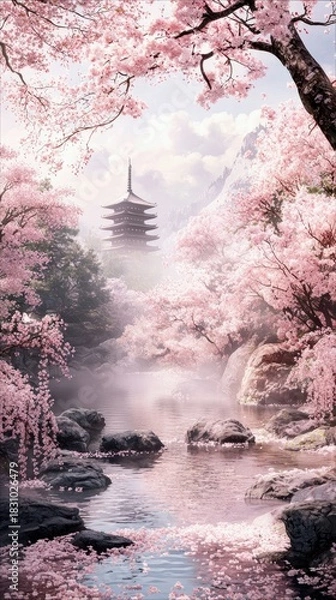 Fototapeta A tranquil scene of cherry blossom trees and a pagoda reflected in a lake, with a soft, dreamy atmosphere.