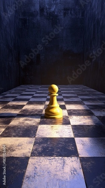 Fototapeta A single chess pawn stands alone on a checkered board in a dark, textured room, illuminated by dramatic lighting.