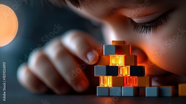 Fototapeta A child is carefully examining a pyramid of glowing blocks indoors, illuminated by warm, soft lighting.