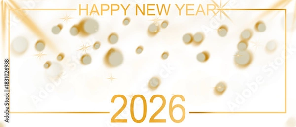 Fototapeta Happy New Year 2026 Golden Text in a Frame with Bokeh Lights perfect for Festive Celebration or Holiday Invitation Background Design