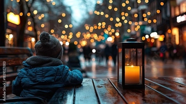 Fototapeta A child wearing a hat and jacket sits at a table, looking out at a city street at night. A candle lantern sits on the table.