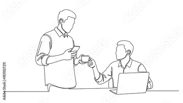 Fototapeta Two businessmen in a minimalist line art style, one standing with a phone and the other seated with a laptop and coffee, isolated on white background