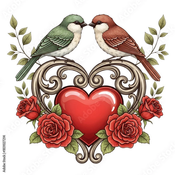 Fototapeta Vintage Romantic Bird Couple Design: Two Lovebirds Perched on a Filigree Heart Frame Adorned with Lush Red Roses and Greenery