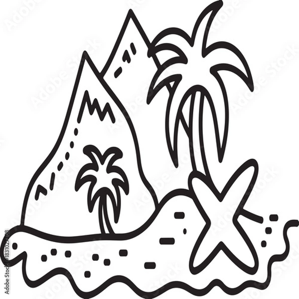 Fototapeta Illustration of simple black and white line art drawing of a tropical island scene featuring mountains, palm tree, beach sand, and a starfish, perfect for coloring book page or icon