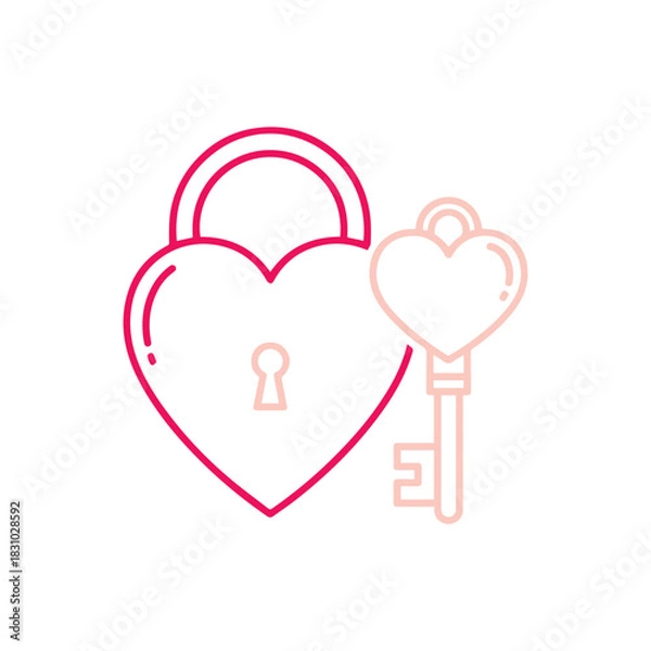 Fototapeta Minimalist Heart Lock and Key Icon: Simple Pink Outline Graphic Representing Love, Commitment, Secrecy, and Valentine's Day Affection