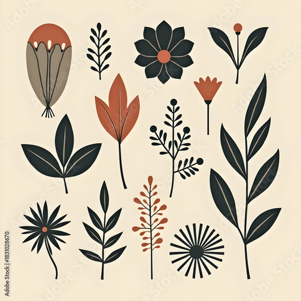Obraz Minimalist Botanical Illustration Set – Stylized Leaves and Flowers in Earthy Tones
