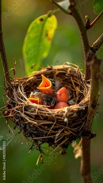 Fototapeta Bird nest with hatchlings, one chirping, set amidst foliage. Light filters through creating soft background
