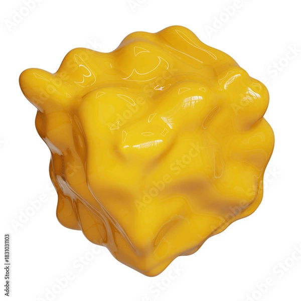 Obraz 3D Abstract Yellow Fluid Shape Isolated on Transparent Background, Distorted Glossy Cube Graphic Element, Modern Data Technology Visualization Cutout PNG Render.