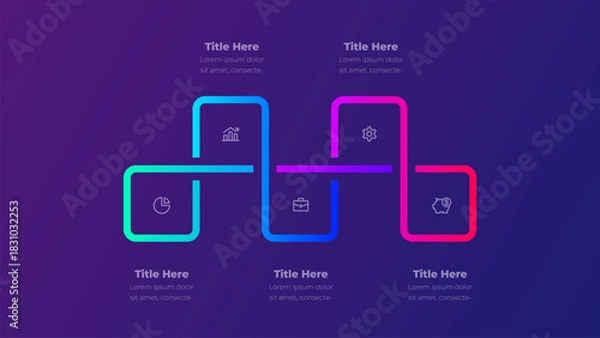 Obraz Modern Dark Process Infographic. Gradient Neon Vector Diagram for Business Workflow. Abstract Timeline for Corporate Presentation and Data Visualization with 5 Steps