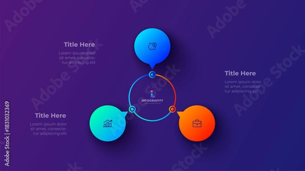 Obraz 3 Steps circular business process infographic diagram. Modern neon gradient vector chart for presentation and workflow
