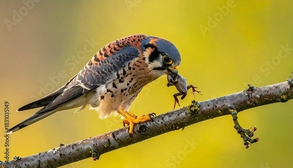 Fototapeta Bird of prey with orange and grey plumage, perched on a branch, holds a frog in its beak against a blurred green backdrop