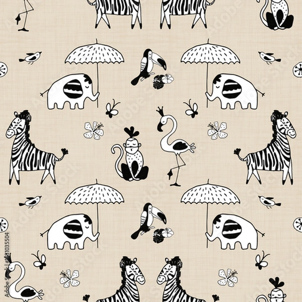 Fototapeta Hand drawn cute animals tropical seamless pattern background