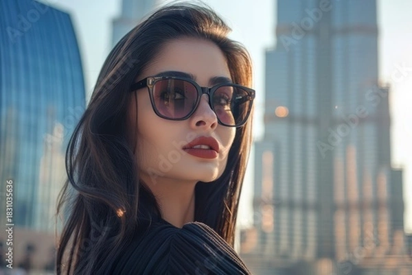 Fototapeta Elegant fashion portrait of a stylish young woman in black sunglasses and red lipstick, posing against a golden hour cityscape backdrop with blurred skyscrapers.