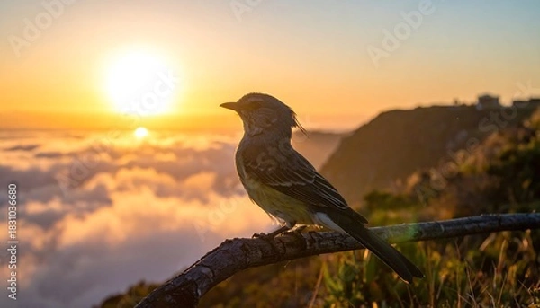 Fototapeta Bird perched on branch, basking in warm sunlight over a scenic mountaintop landscape view above cloud cover