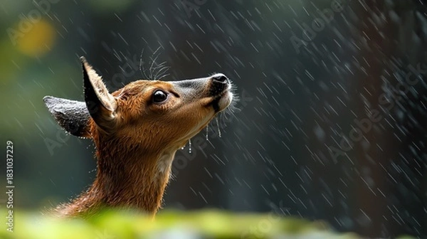 Obraz A deer looks up into the rain, with water droplets visible on its fur. The image is a close-up shot of the deer's head and neck.