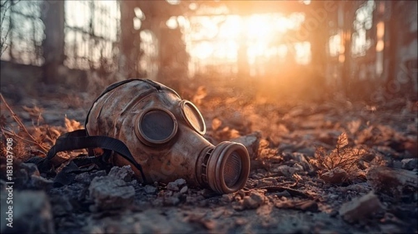 Obraz A gas mask lies on the ground in a ruined building, with sunlight streaming through the windows, creating a post-apocalyptic atmosphere.