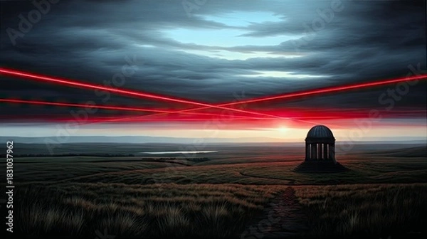 Obraz A gazebo stands in a field with red laser beams crossing the sky at sunset. The scene is dramatic and atmospheric.