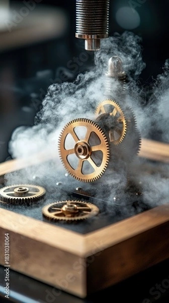 Obraz Close-up shot of golden gears partially obscured by smoke, arranged within a wooden frame, with a dark and moody atmosphere.