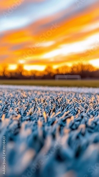 Obraz A close-up of a grass field with a dramatic, colorful sunset in the background. The sky is filled with vibrant orange and yellow hues.