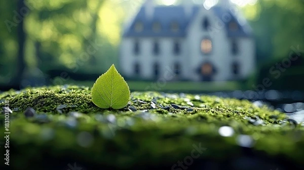 Obraz A single green leaf rests on a bed of moss in the foreground, with a large house blurred in the background, outdoors during the day.