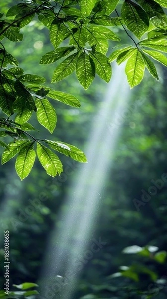 Obraz Close-up of vibrant green leaves in a forest setting, with sunlight streaming through, creating a serene and natural atmosphere.