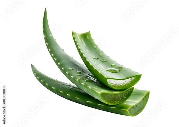 Fototapeta Three aloe vera leaves with glistening water droplets are arranged diagonally, showcasing their smooth green texture and natural freshness