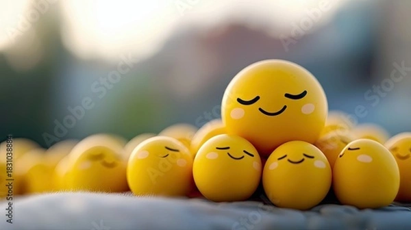Obraz A group of yellow emoji characters with closed eyes and smiling faces, symbolizing happiness and peace, are gathered together in a soft-focus, outdoor setting.