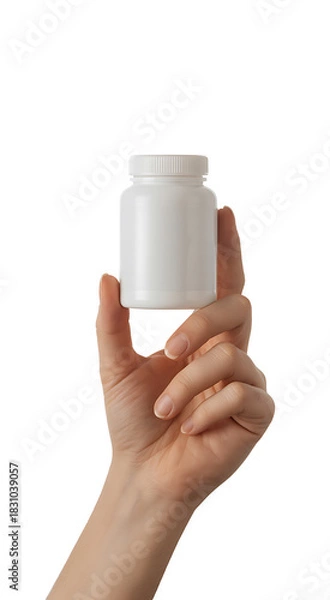 Fototapeta Woman's hand holding white pill bottle on transparent background, ideal for demonstrating various health products