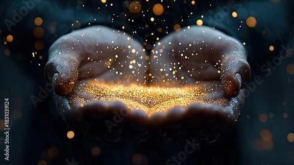 Obraz Close-up of two hands cupped together, holding and interacting with golden glowing particles against a dark background.