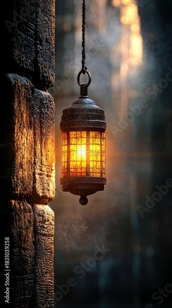 Obraz A glowing lantern hangs from a chain, casting warm light in a dimly lit, atmospheric setting.