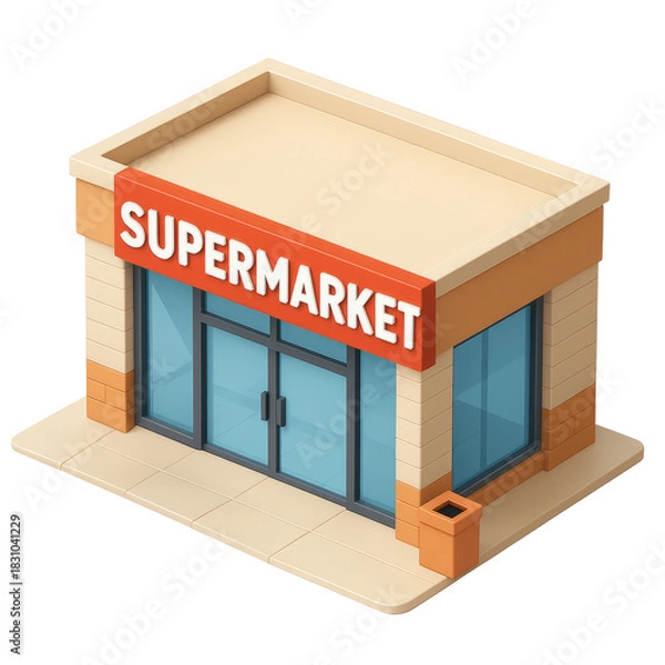 Obraz STYLE Icon 3D render, Isometric style of Supermarket – Large glass entrance, carts, bold logo, isolated on a transparent background