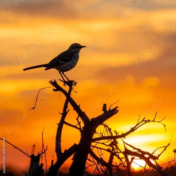 Fototapeta Bird silhouetted against a vibrant sunset sky perched on a stark, barren tree branch