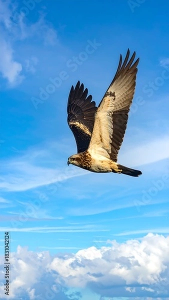 Fototapeta Bird soars; spread wings gliding amid a blue sky streaked with wispy, white clouds, bathed in bright daylight
