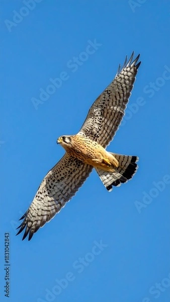 Fototapeta Bird soars, wings outstretched, against a clear, bright blue sky in sharp focus from head to tail
