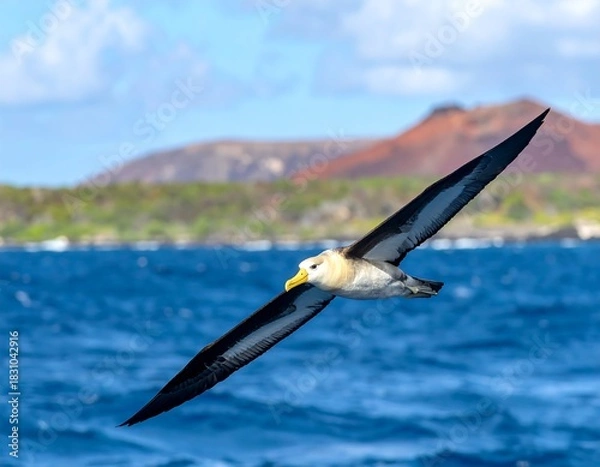 Fototapeta Bird soars, wings outstretched against a seascape of blue ocean, island greenery, and distant red-hued mountain