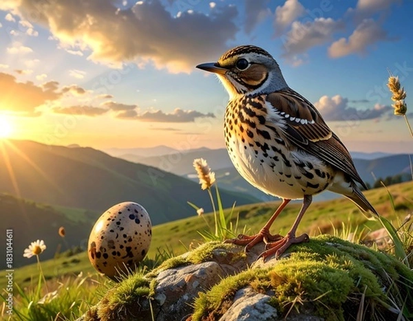 Fototapeta Bird stands on mossy rock, egg beside, at sunset in the mountains. Sunbeams and clouds brighten the horizon