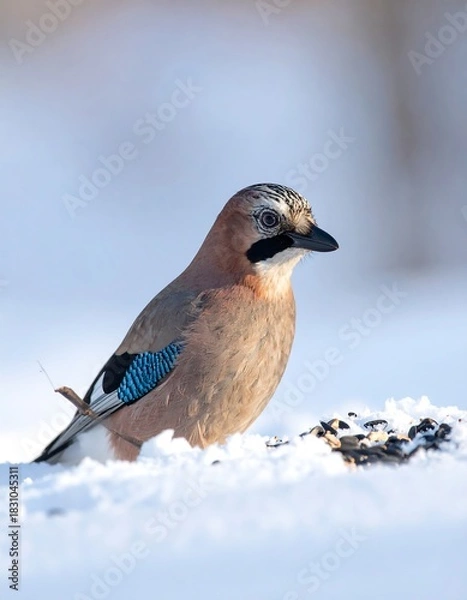 Fototapeta Bird with blue wing markings stands in snow, with a blurry white background