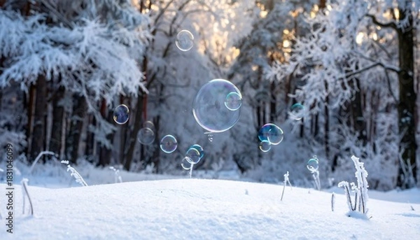Fototapeta Bubbles float in wintery forest glade. Snow covers the ground; trees covered in frost glow in the bright sunlight