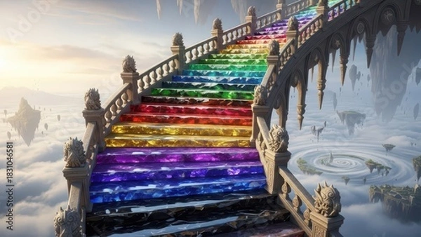 Fototapeta A fantastical rainbow staircase ascends through ethereal clouds towards a bright hopeful sky