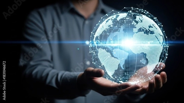 Fototapeta Person holding a glowing holographic earth with digital connections and data streams