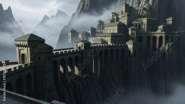 Fototapeta Majestic ancient fortress perched precariously atop a misty mountain range under a dramatic sky