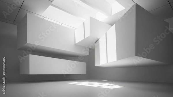 Fototapeta Modern minimalist architectural interior with dramatic lighting and geometric forms