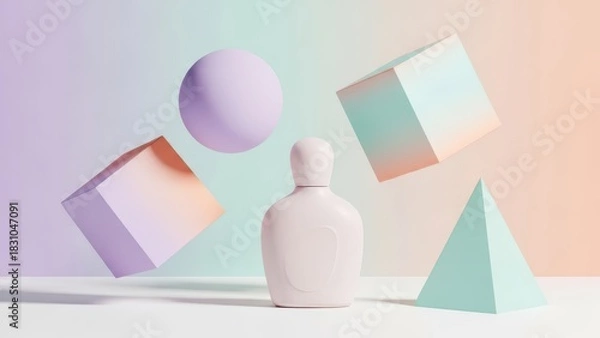 Fototapeta Minimalist cosmetic bottle surrounded by floating pastel geometric shapes and soft gradient background