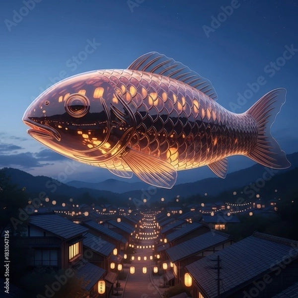 Fototapeta Enormous illuminated fish sculpture floats majestically over a glowing village at twilight