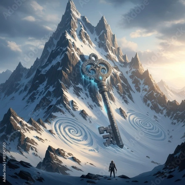 Fototapeta Majestic snow capped mountain peaks under a dramatic sky with a lone figure in the foreground