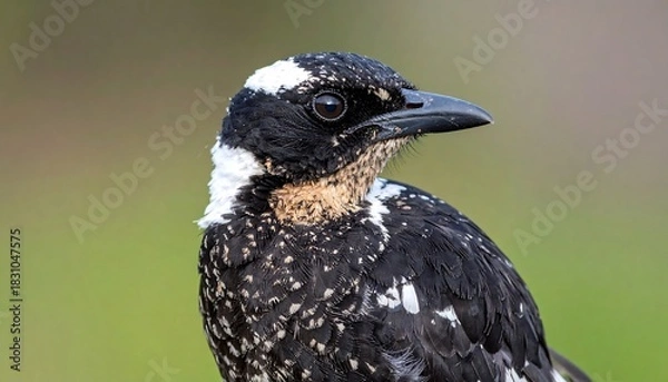 Fototapeta Bird with speckled black feathers and white patches against a soft green background