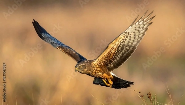 Fototapeta Bird with speckled wings soars over grassland; wings extended, mid-flight on hunt