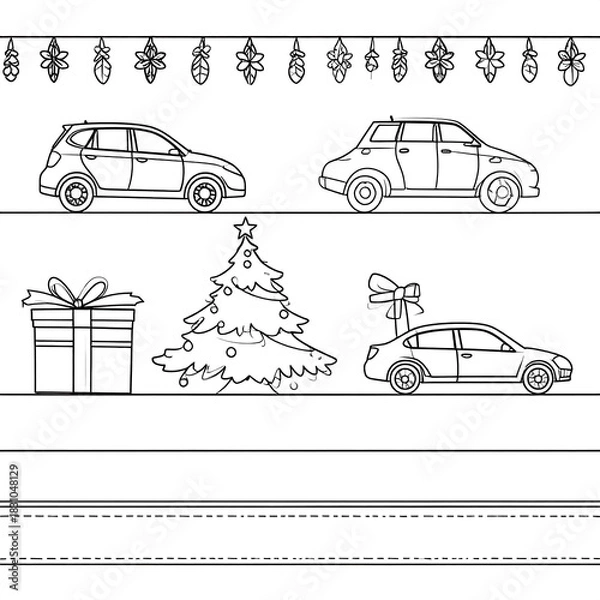 Fototapeta Christmas drawing. Cars, tree, gift boxes. Garland on top. Coloring page, blank lines to write on the bottom