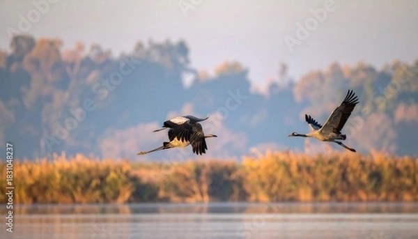 Fototapeta Birds fly across calm water; autumn landscape & trees in background, soft lighting