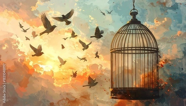 Fototapeta Birds fly from an empty cage against a sunset-sky backdrop, suggesting freedom and escape